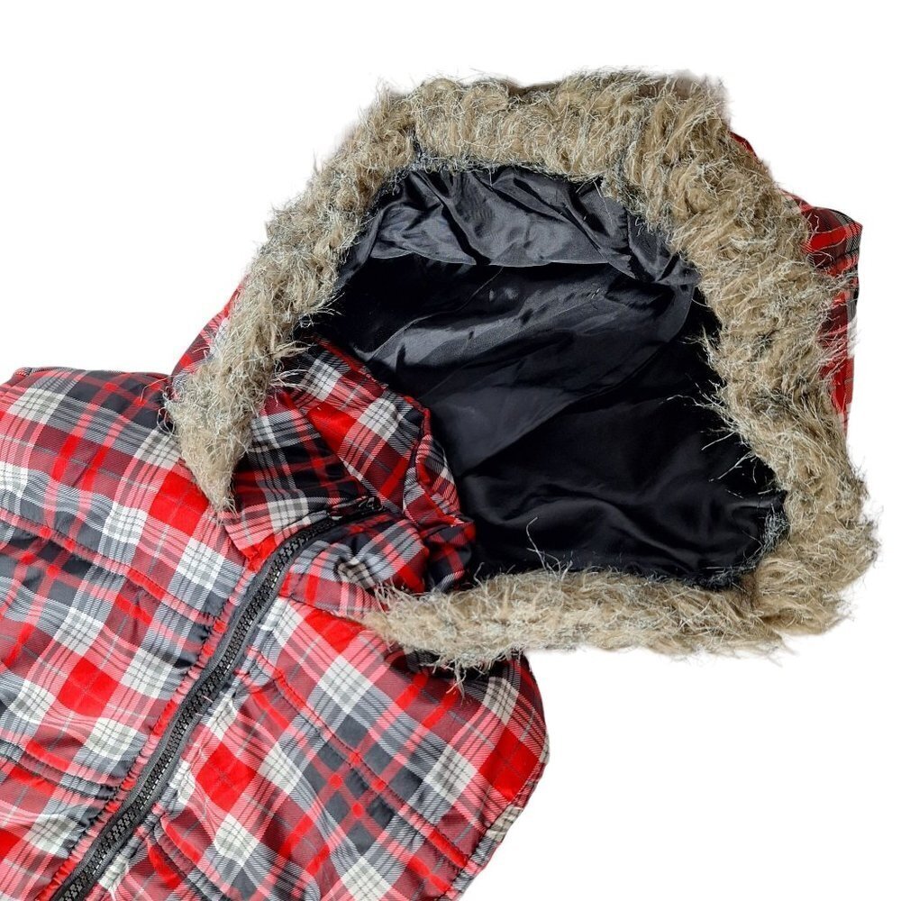 Max Rave Puffer Vest Black Red White Plaid Medium